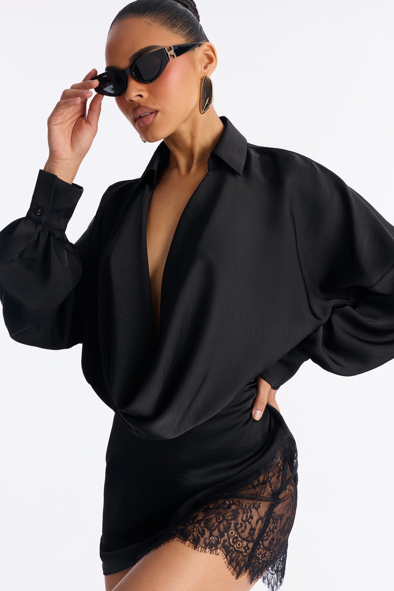 Vanessa Lace Trim Satin Mini Dress - Black