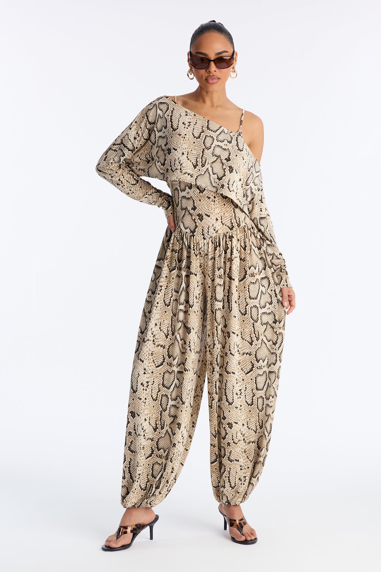 Kiana Snake Balloon Wide Leg 2 Piece Jumpsuit - Taupe
