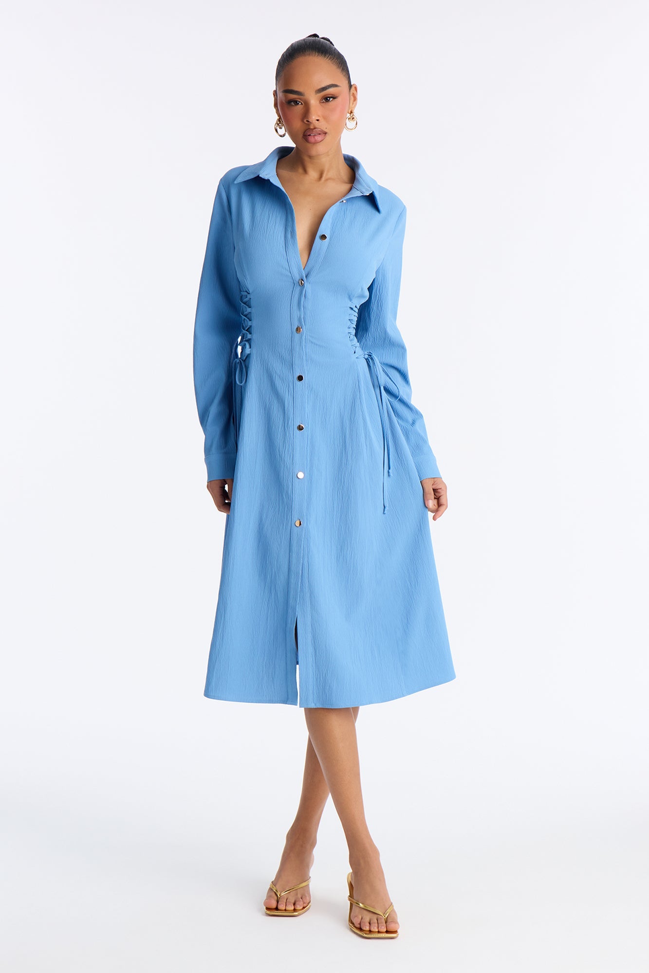 Josephine Collar Long Sleeve Midi Dress - Blue