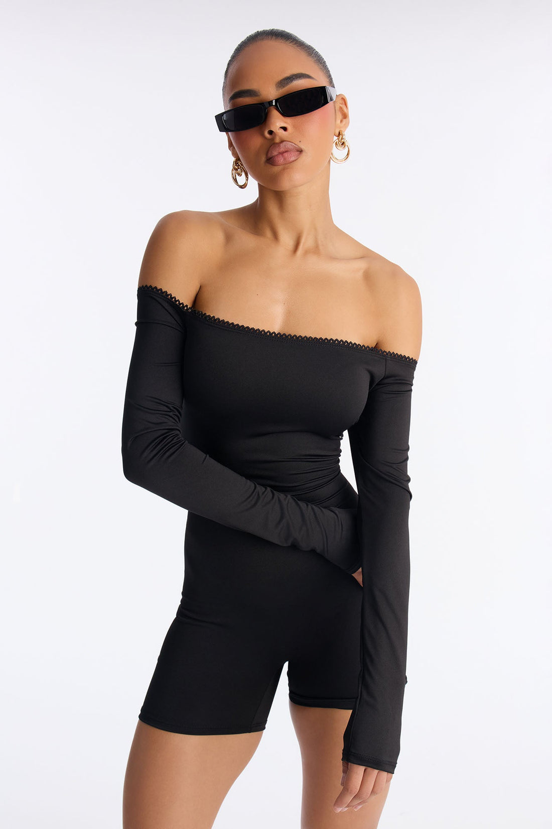 Edge Of Lace Off Shoulder Romper - Black