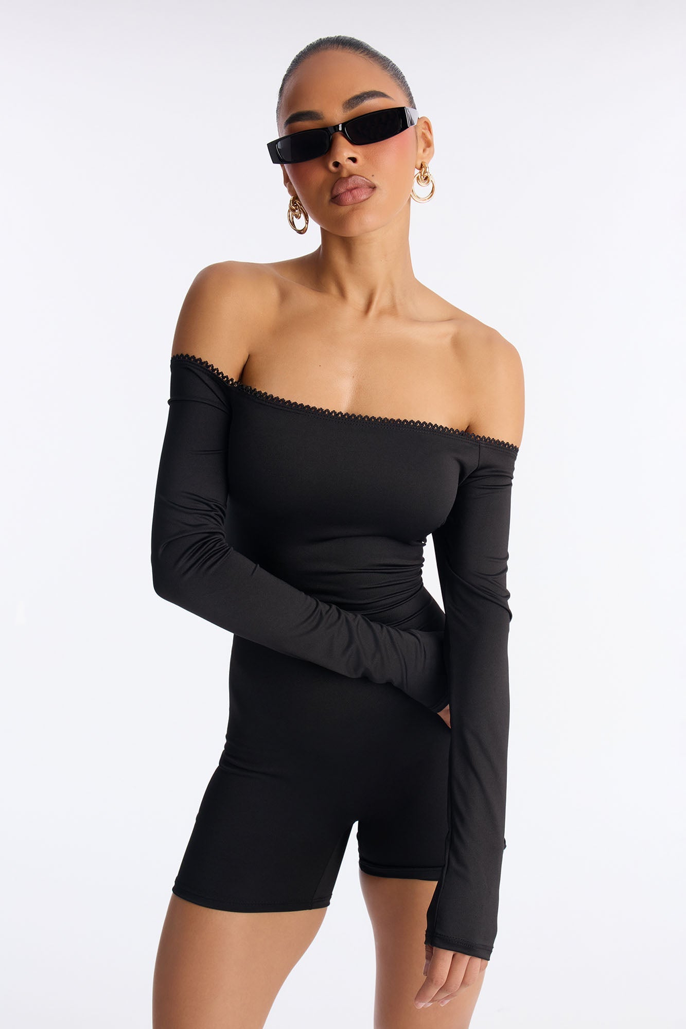 Edge Of Lace Off Shoulder Romper - Black