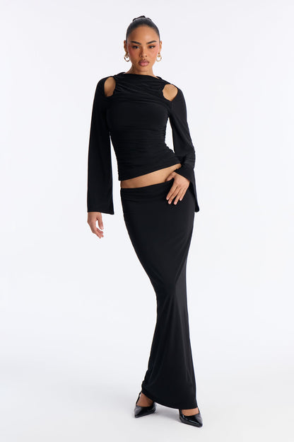 Carlita Ruched High Neck Maxi Skirt Set - Black