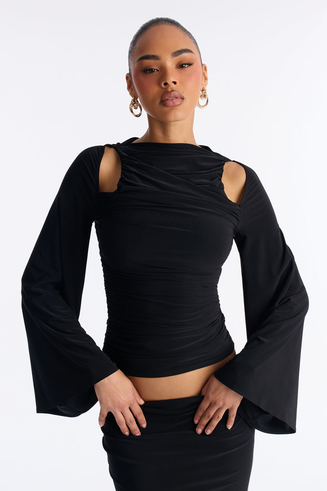 Carlita Ruched High Neck Maxi Skirt Set - Black