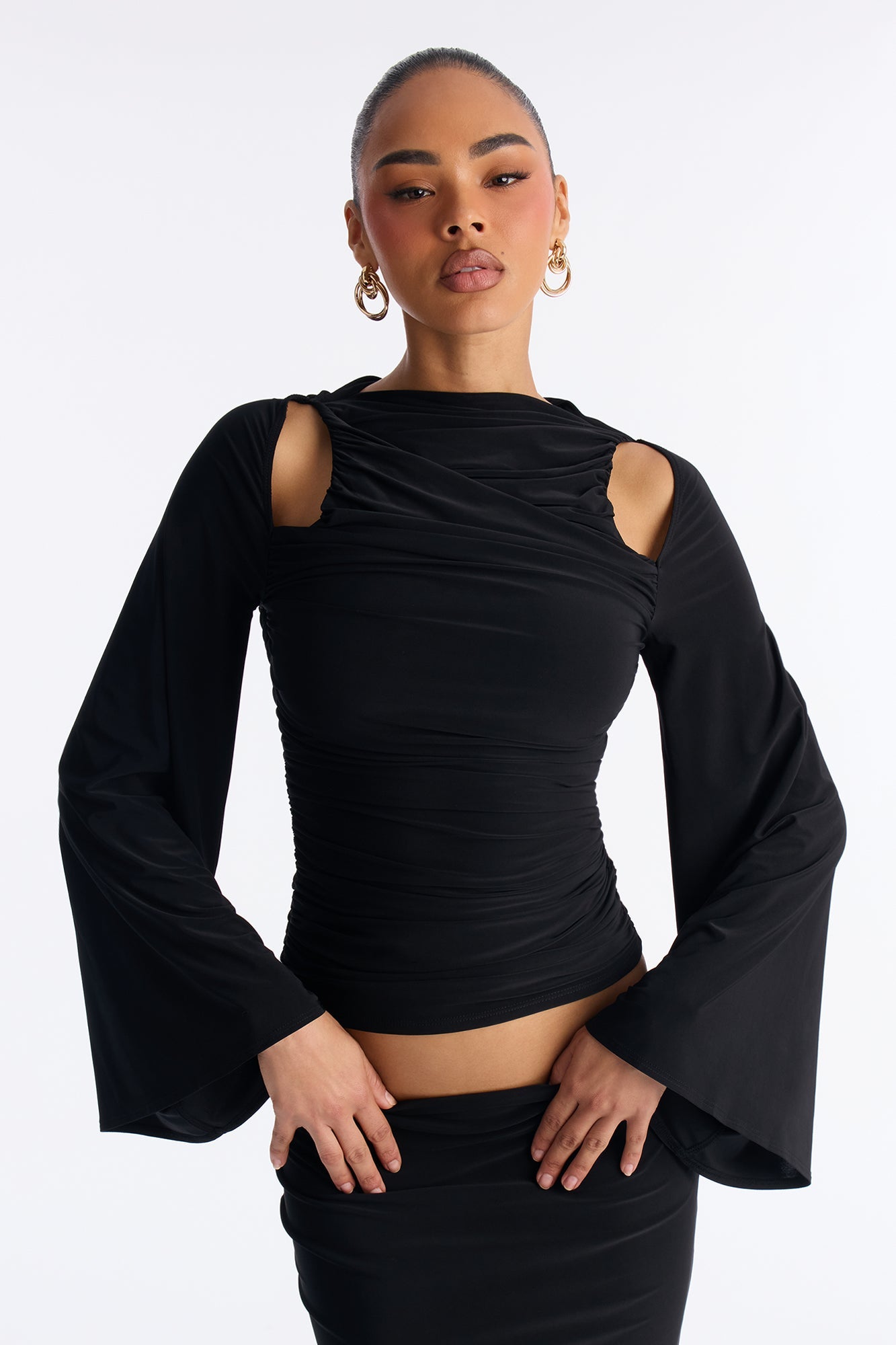 Carlita Ruched High Neck Maxi Skirt Set - Black