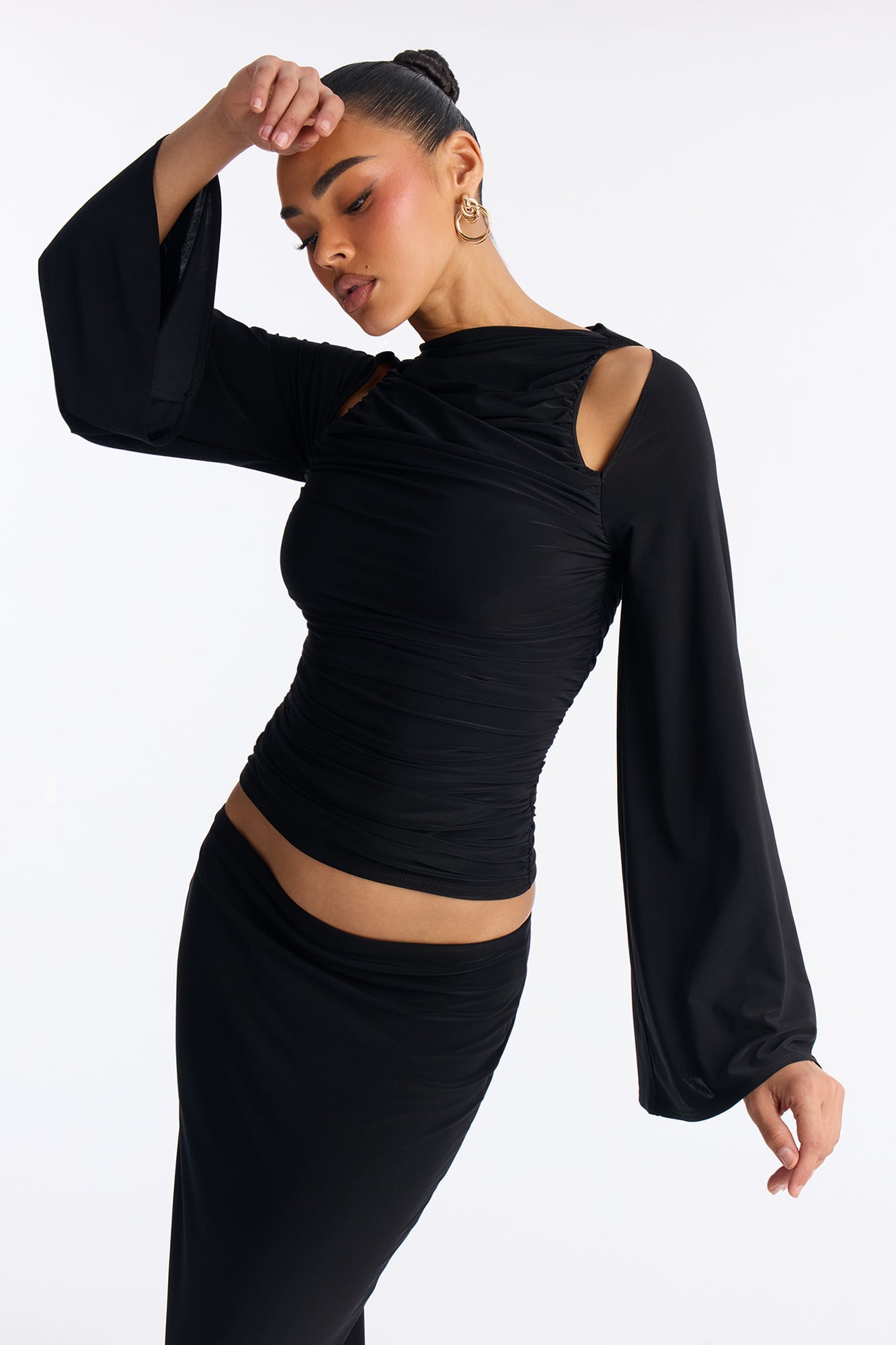 Carlita Ruched High Neck Maxi Skirt Set - Black