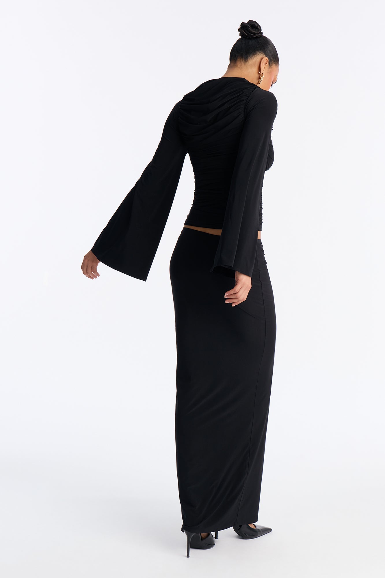 Carlita Ruched High Neck Maxi Skirt Set - Black