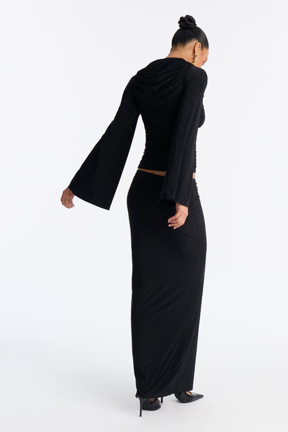 Carlita Ruched High Neck Maxi Skirt Set - Black