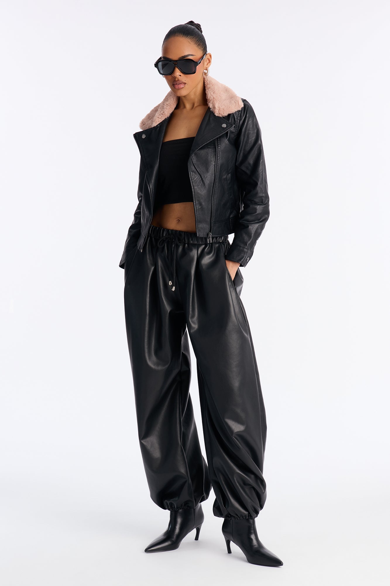 Karissa Faux Leather Fur Collar Moto Jacket - Black