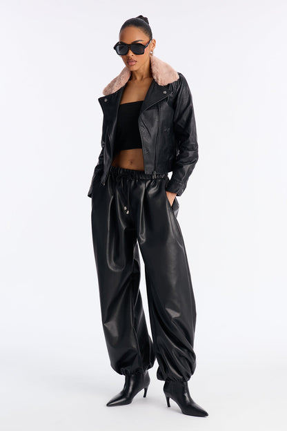 Karissa Faux Leather Fur Collar Moto Jacket - Black