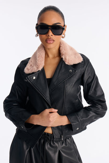 Karissa Faux Leather Fur Collar Moto Jacket - Black