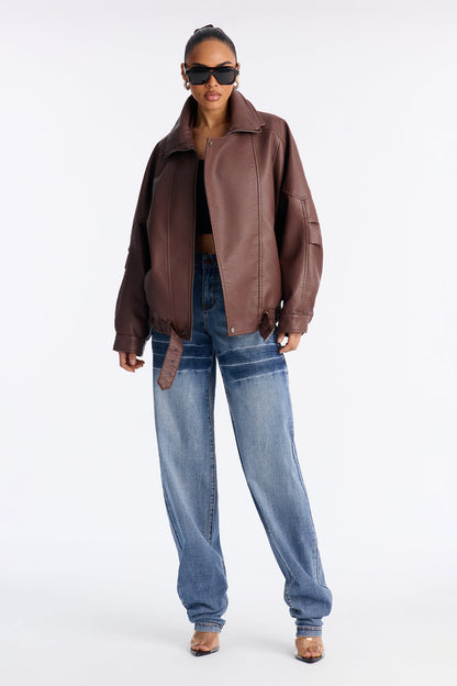 Harlem Faux Leather Moto Jacket - Brown