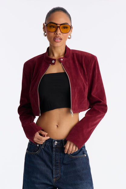 Blake Cropped Faux Suede Moto Jacket - Red