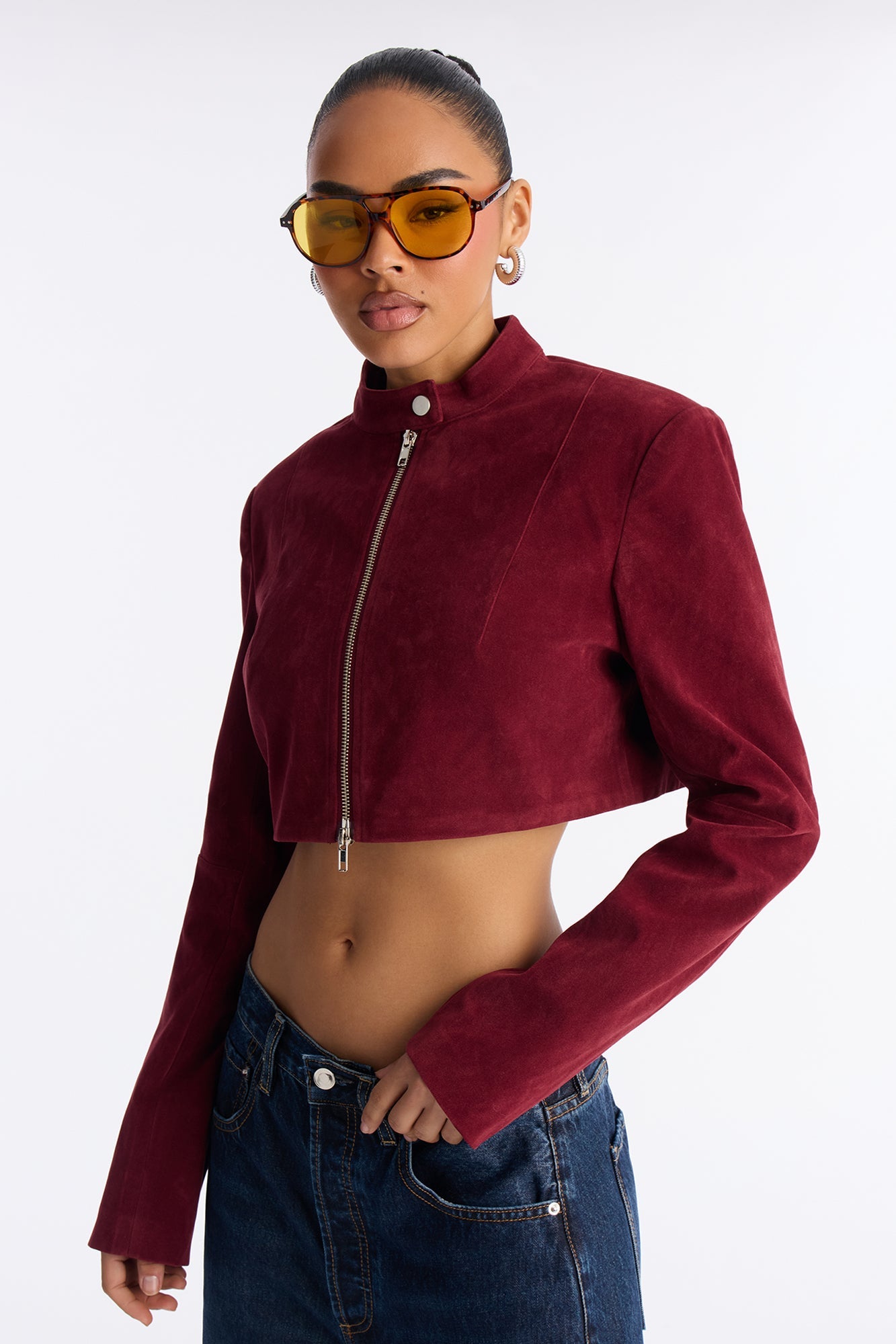 Blake Cropped Faux Suede Moto Jacket - Red
