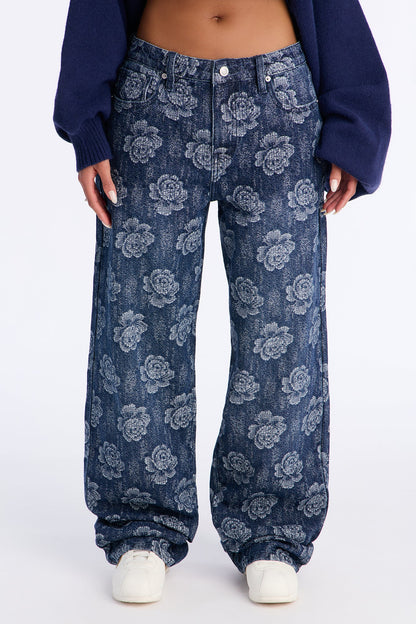 Smell The Roses Patterned Jeans - Dark Wash