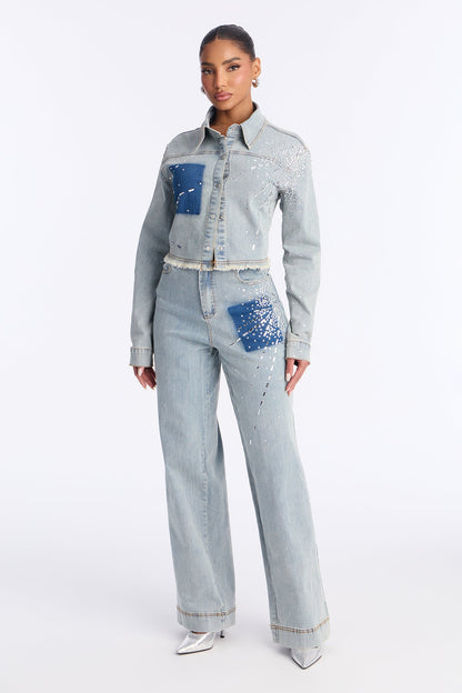 Mable Denim Rhinestone Pant Set - Medium Wash