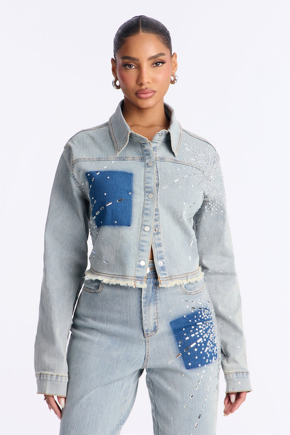 Mable Denim Rhinestone Pant Set - Medium Wash