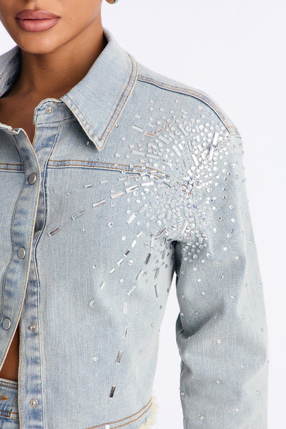 Mable Denim Rhinestone Pant Set - Medium Wash