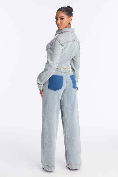 Mable Denim Rhinestone Pant Set - Medium Wash