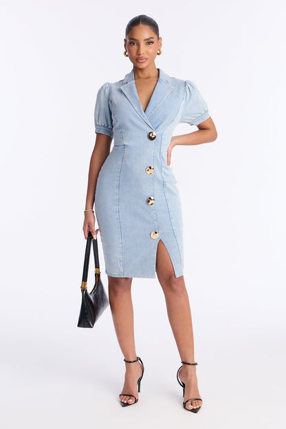 Mackenzie Collar Denim Midi Dress - Light Wash