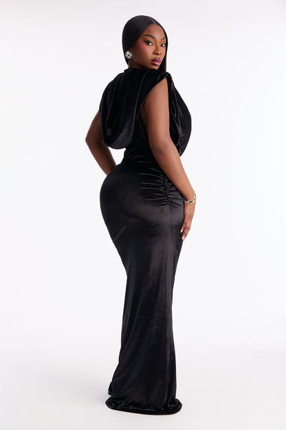 Maribel Draped Velvet Maxi Dress - Black