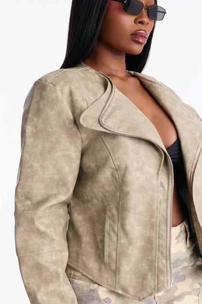 Chosen One Washed Faux Leather Moto Jacket - Sage