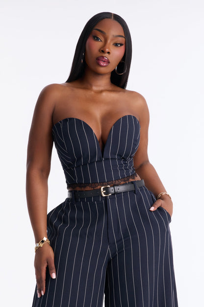 Personal Business Belted Pinstripe Pant Set - Navy