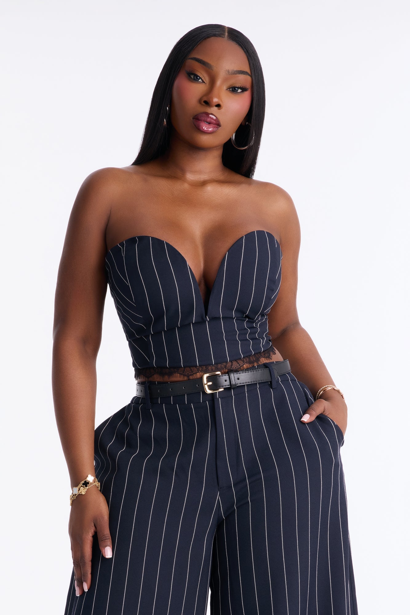 Personal Business Belted Pinstripe Pant Set - Navy