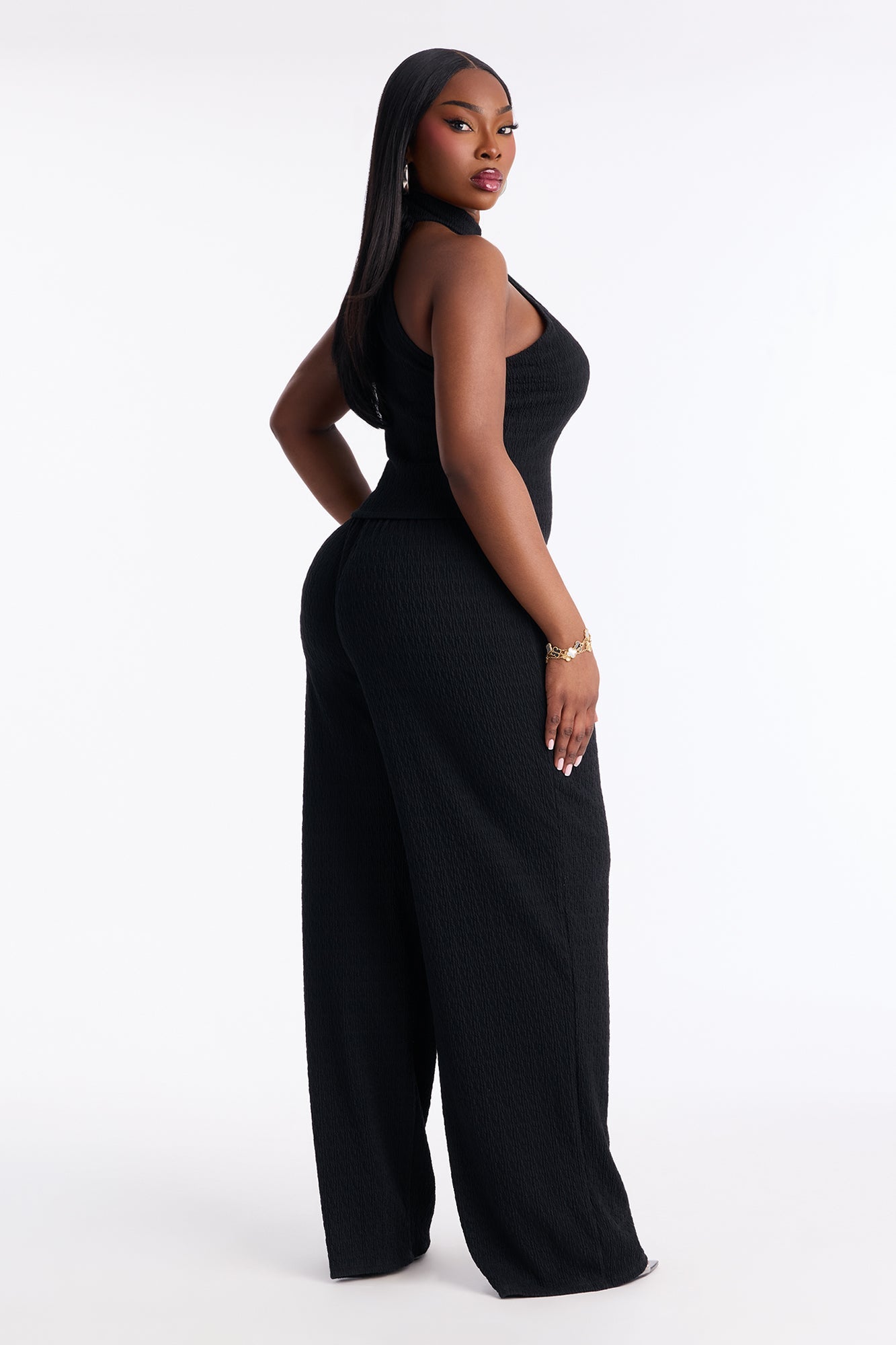 Gabriella Textured Asymmetrical Pant Set - Black