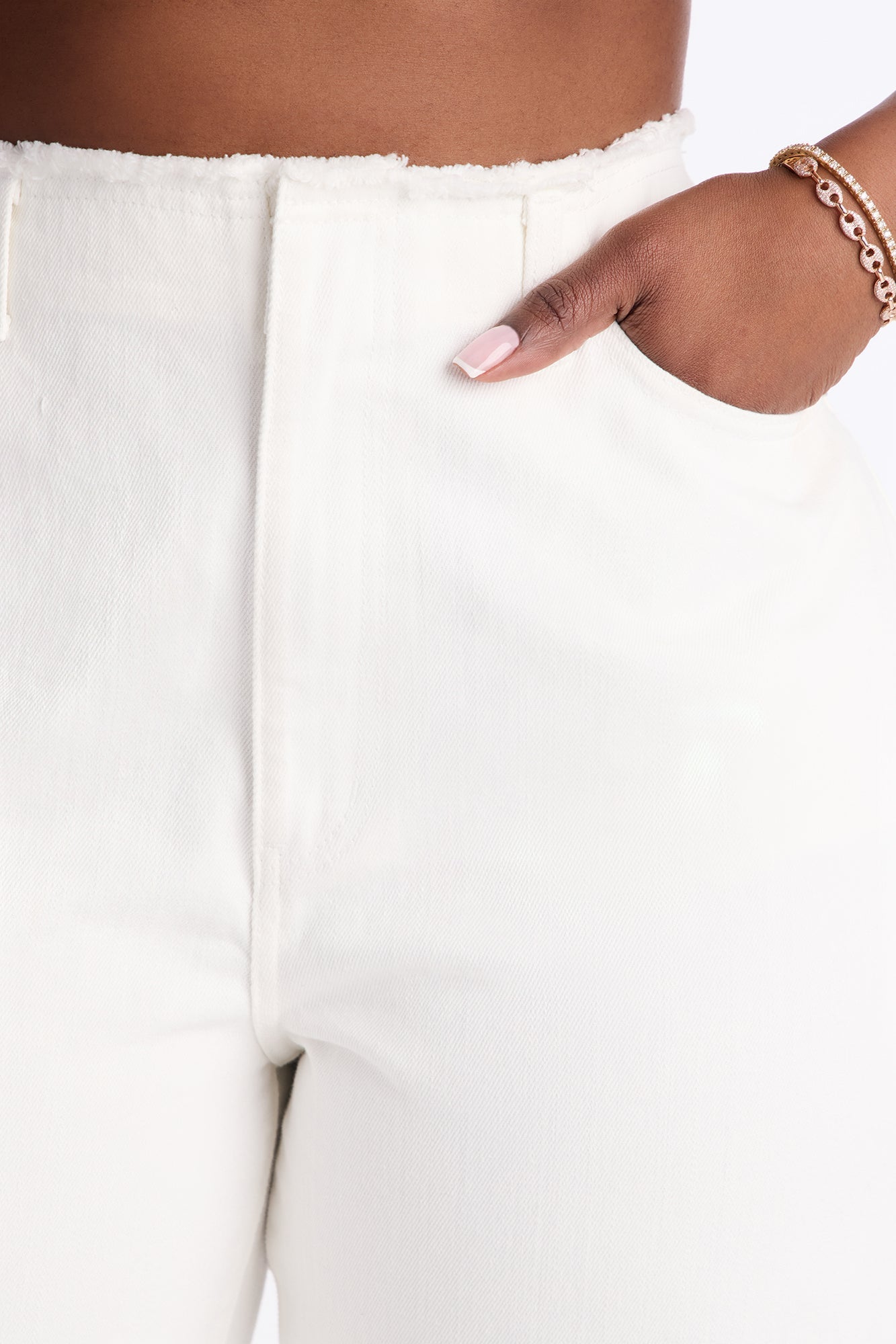 In Your Dreams Cut Off Waistband Baggy Jean - White