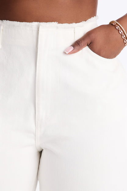 In Your Dreams Cut Off Waistband Baggy Jean - White