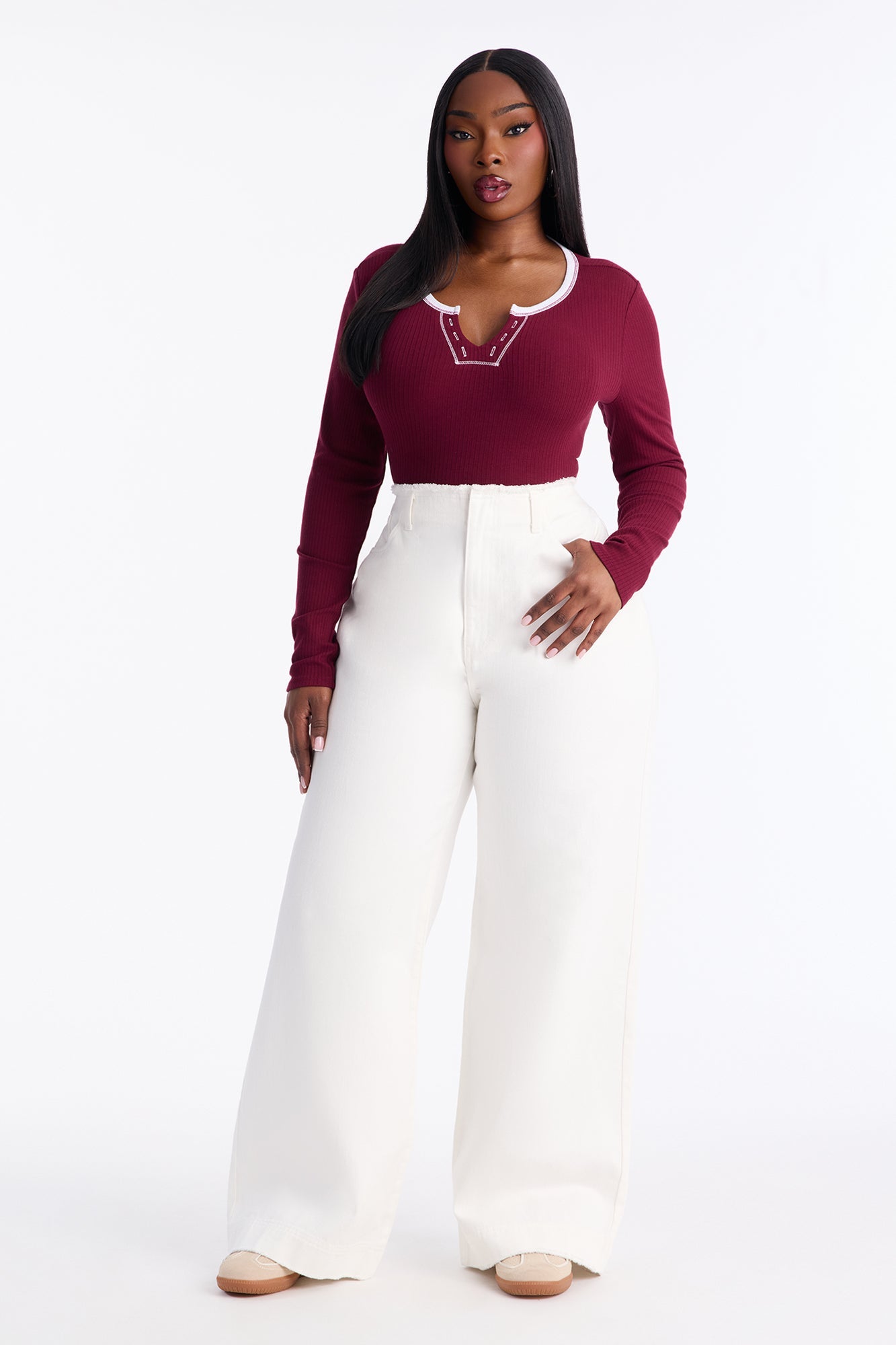 In Your Dreams Cut Off Waistband Baggy Jean - White