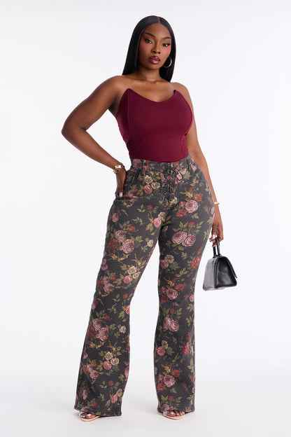Vida Floral Lace Up Flare Jeans - Black/combo