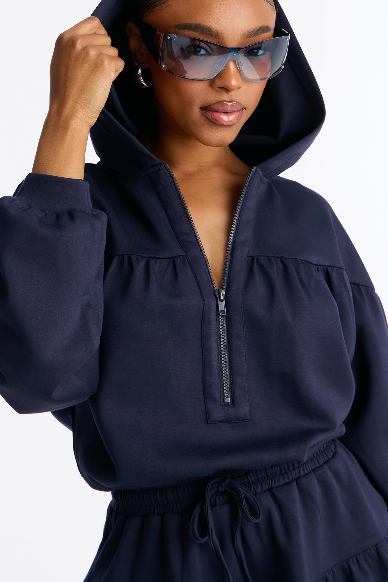 Ruffle And Rally Hooded Romper - Navy