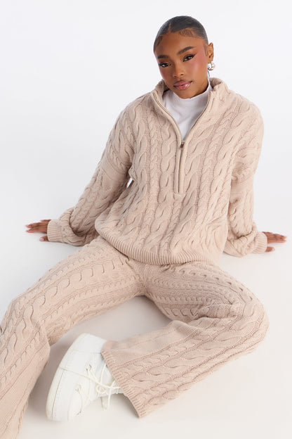 Cozy Days Cable Knit Sweater Pant Set - Taupe