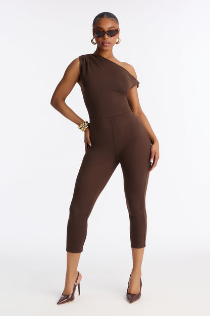 Gaia One Shoulder Capri Leg Jumpsuit - Chocolate