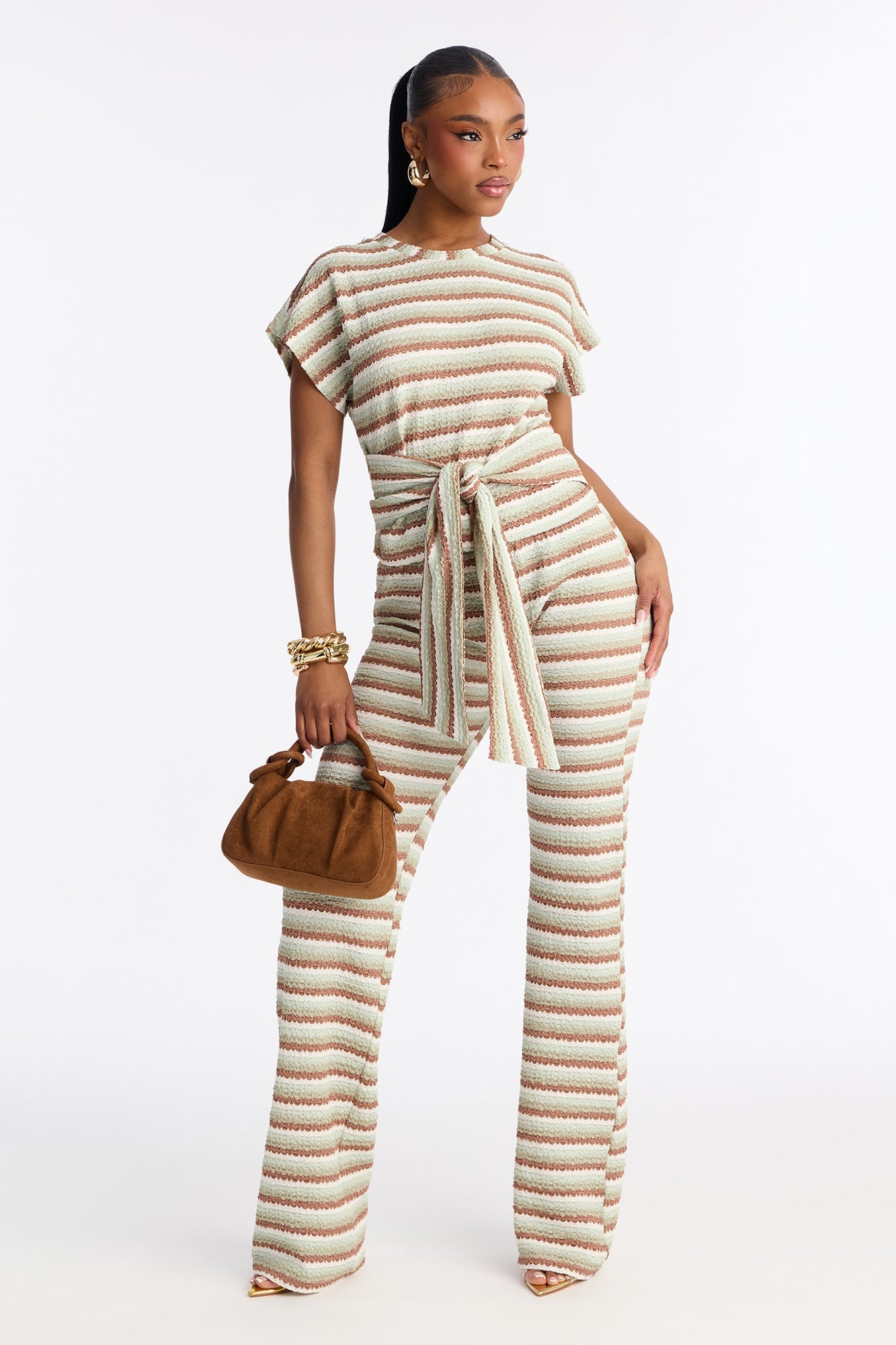Lucia Textured Striped Pant Set - Olive