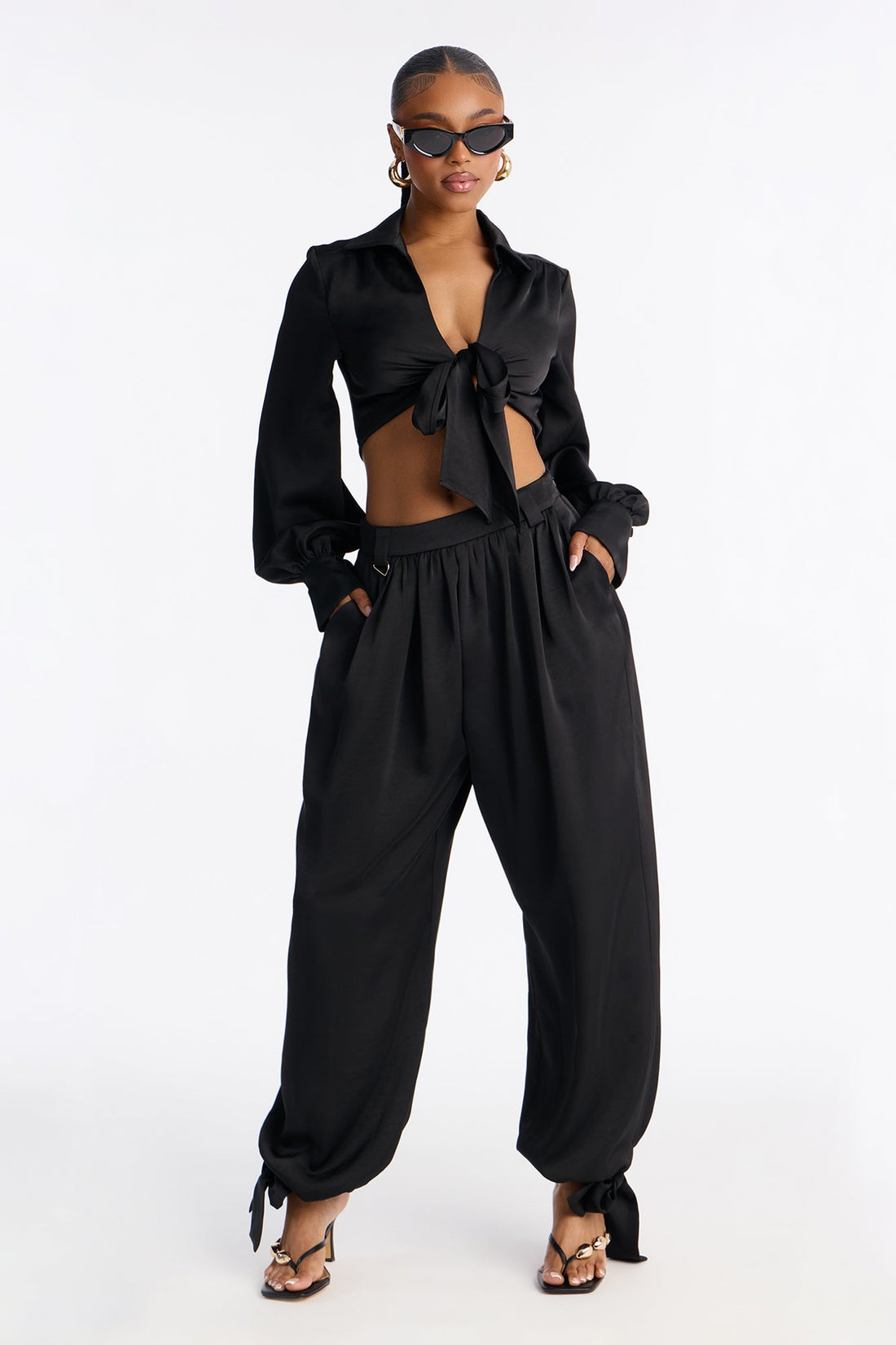 Michelle Satin Balloon Pant Set - Black