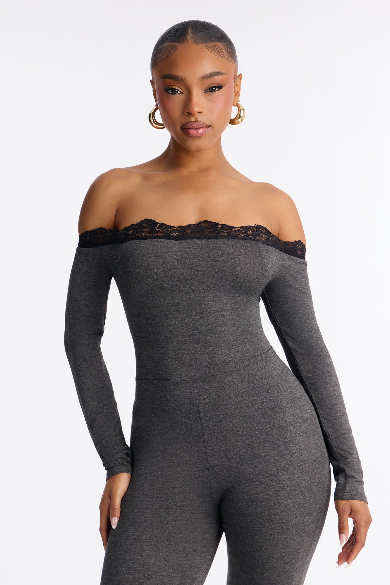 Kim Lace Trim Flare Leg Jumpsuit - Charcoal