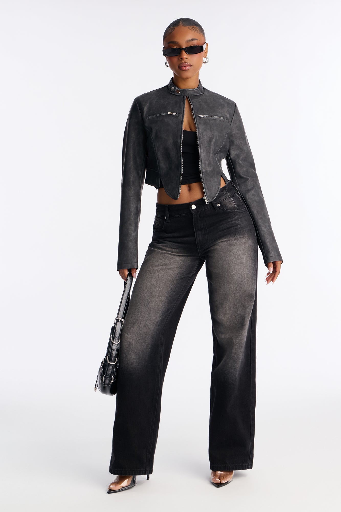 Ines Washed Faux Leather Jacket - Black