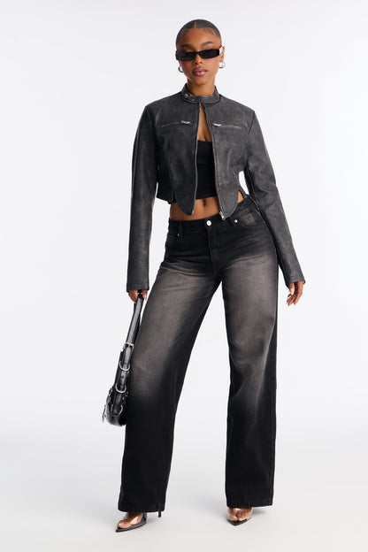 Ines Washed Faux Leather Jacket - Black
