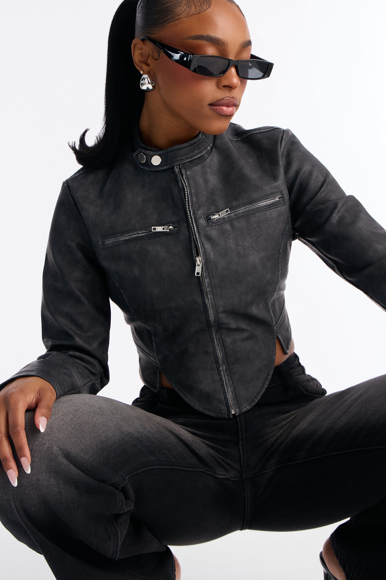 Ines Washed Faux Leather Jacket - Black