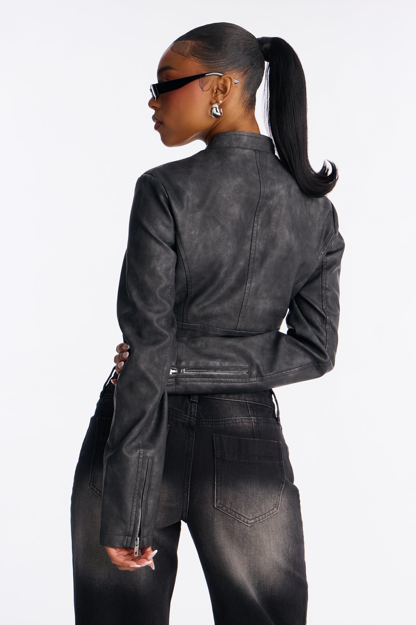 Ines Washed Faux Leather Jacket - Black