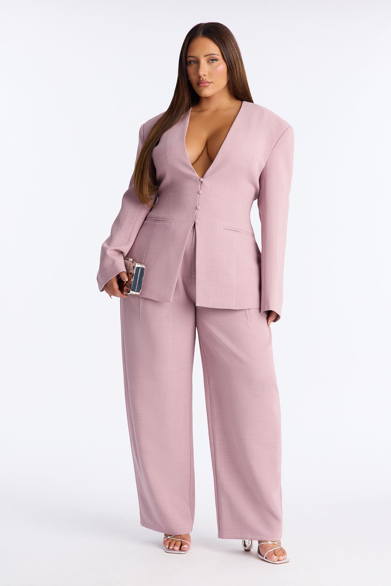 Set The Tone Blazer Barrel Leg Pant Set - Mauve
