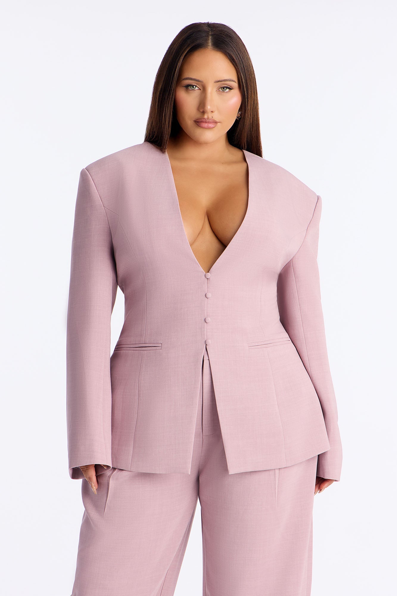 Set The Tone Blazer Barrel Leg Pant Set - Mauve