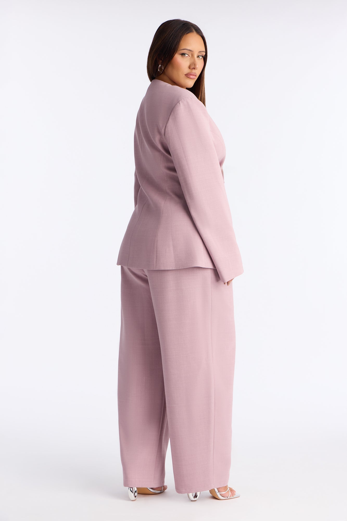 Set The Tone Blazer Barrel Leg Pant Set - Mauve