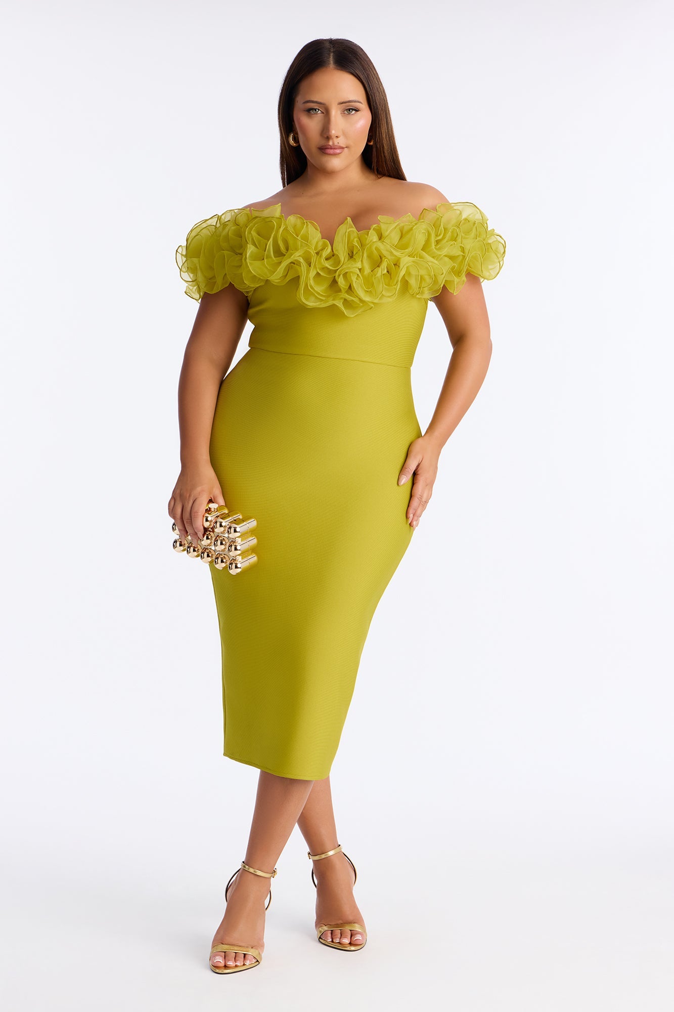 Date Night Ruffle Bandage Midi Dress - Chartreuse