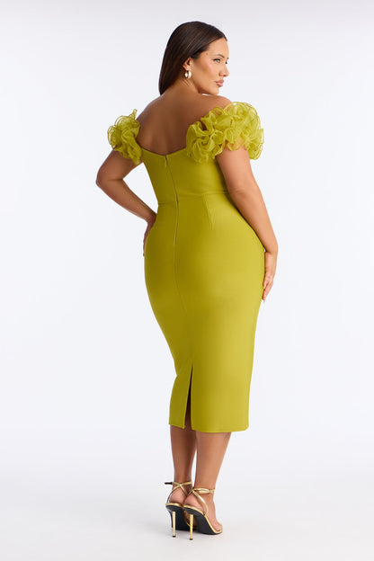 Date Night Ruffle Bandage Midi Dress - Chartreuse