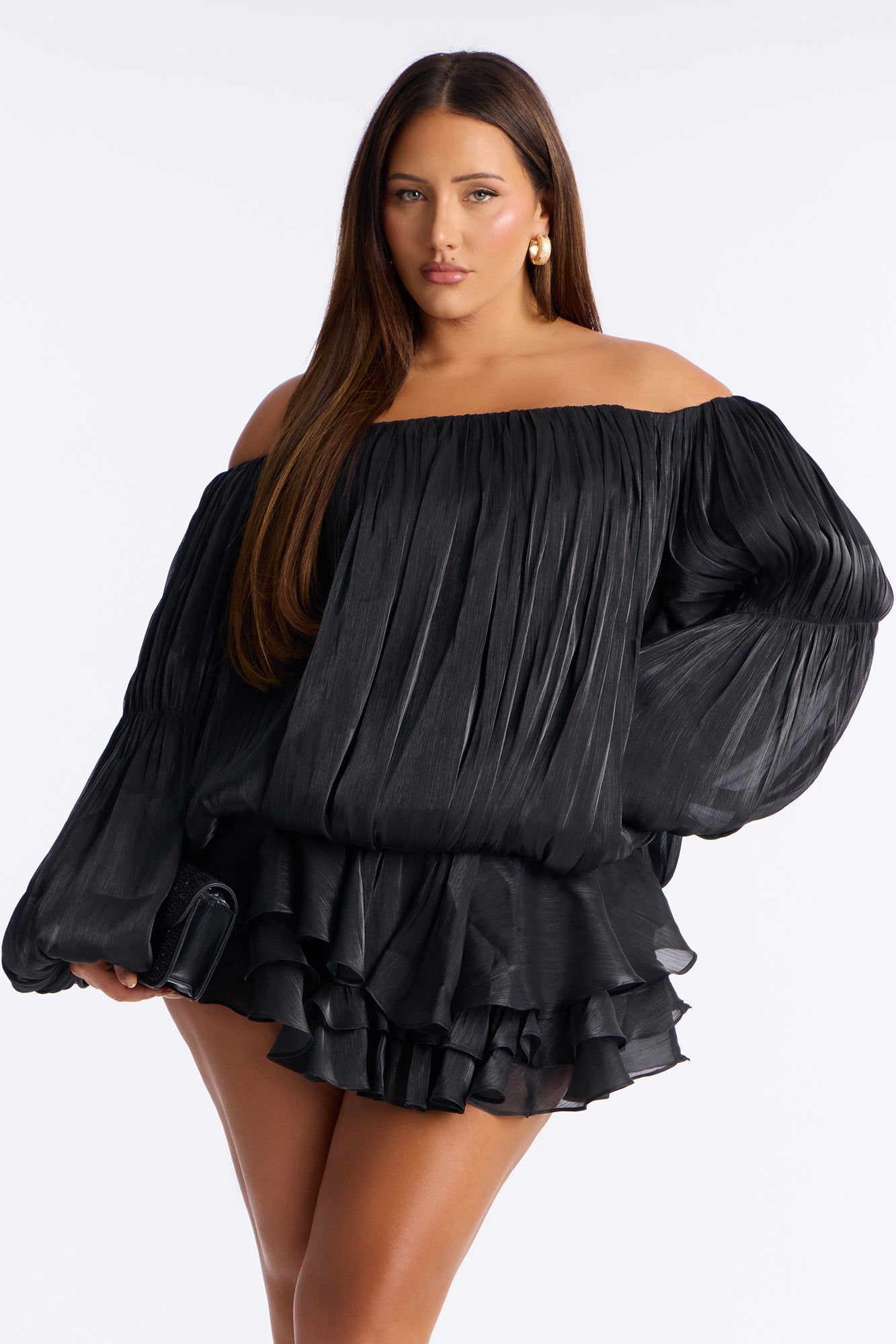 Oralee Off Shoulder Organza Mini Dress - Black