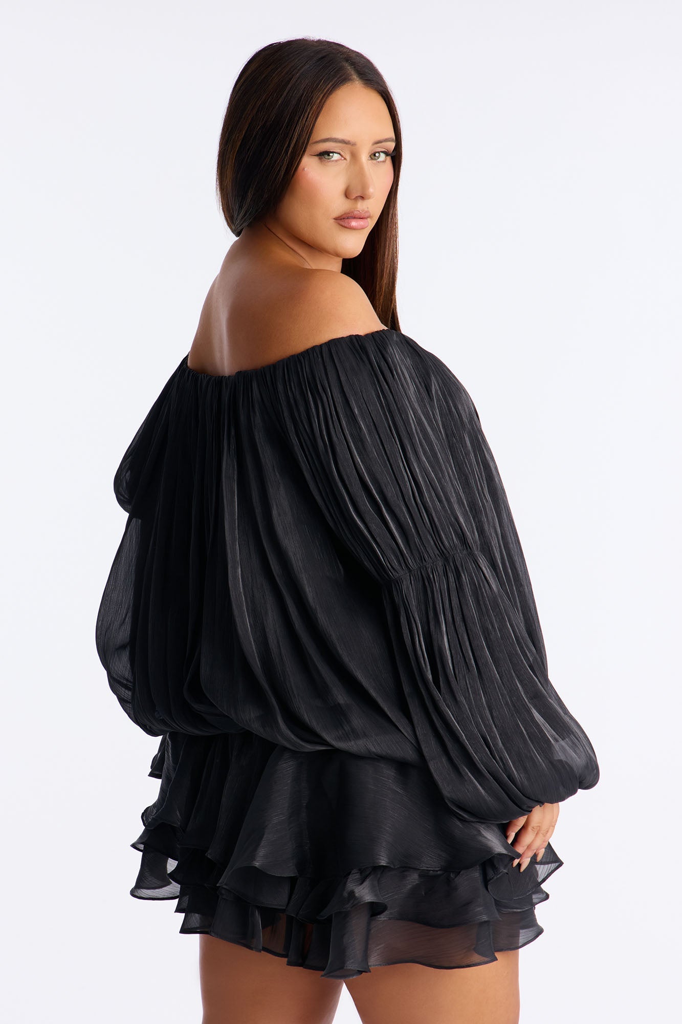 Oralee Off Shoulder Organza Mini Dress - Black