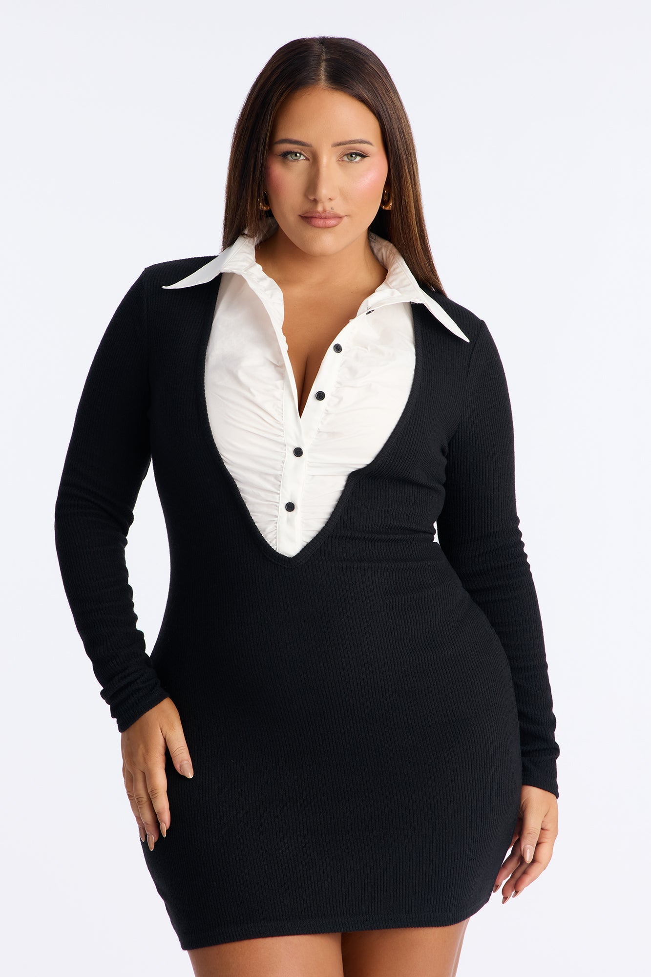 Caitlyn Collar Ribbed Mini Dress - Black